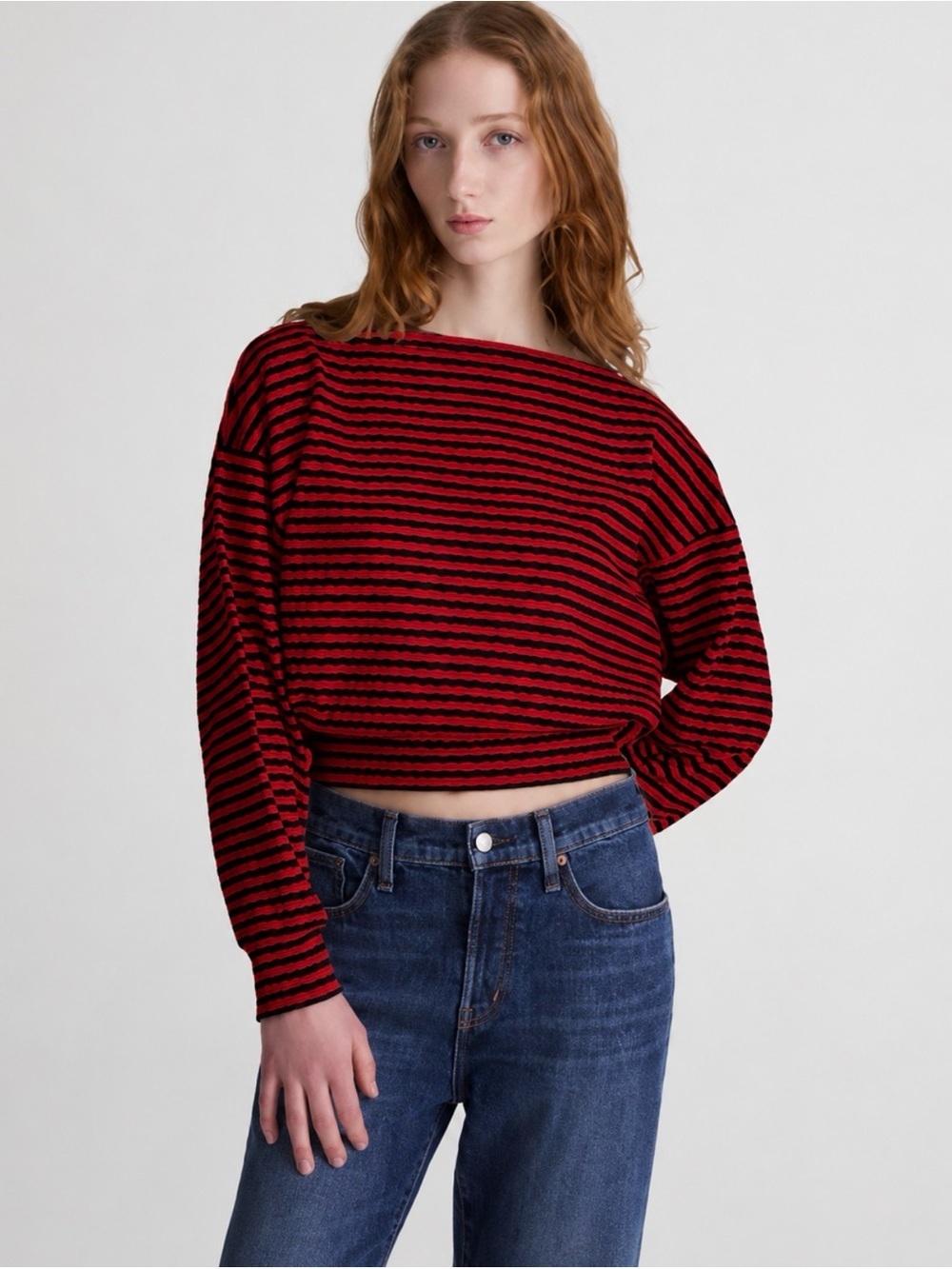 New Madewell XXL textural stitch boatneck Red-black stripe jacquard rib tunic